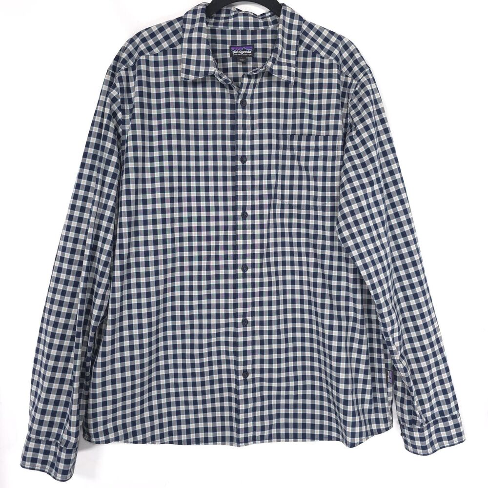 PATAGONIA Men's Shirt LARGE Organic Cotton Plaid Blue Outdoor Casual STY53937